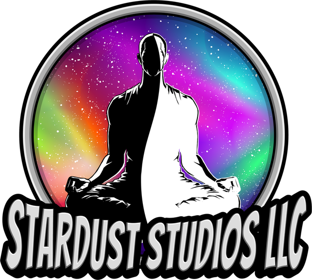 Stardust Studios LLC logo: a meditating figure, half shadow and half light, inside a rainbow galaxy circle